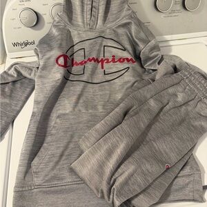 Champion Light Gray Sweatshirt with Red and Black Logo